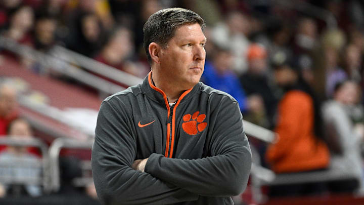 Mar 5, 2025; Chestnut Hill, Massachusetts, USA; Clemson Tigers head coach Brad Brownell looks on during the second half against the Boston College Eagles at Conte Forum. Mandatory Credit: Eric Canha-Imagn Images