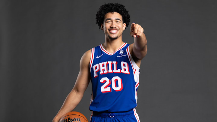 Sep 30, 2024; Camden, NJ, USA; Philadelphia 76ers guard Jared McCain (20) poses for a photo on media day at the Philadelphia 76ers Training Complex. Mandatory Credit: Bill Streicher-Imagn Images Sep 30, 2024; Camden, NJ, USA; Philadelphia 76ers guard Jared McCain (20) poses for a photo on media day at the Philadelphia 76ers Training Complex. Mandatory Credit: Bill Streicher-Imagn Images