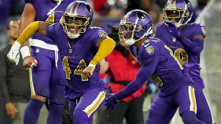Nov 7, 2024; Baltimore, Maryland, USA; Baltimore Ravens cornerback Marlon Humphrey (44) reacts after forcing a fumble during third quarter against the Cincinnati Bengals at M&T Bank Stadium. Mandatory Credit: Mitch Stringer-Imagn Images