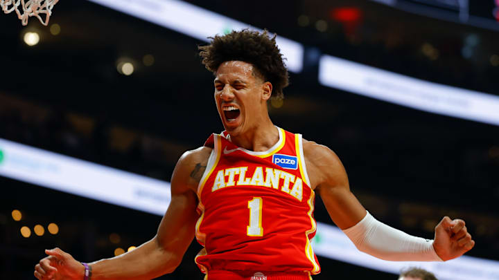 Hawks forward Jalen Johnson (1) reacts during game against the Toronto Raptors. 
