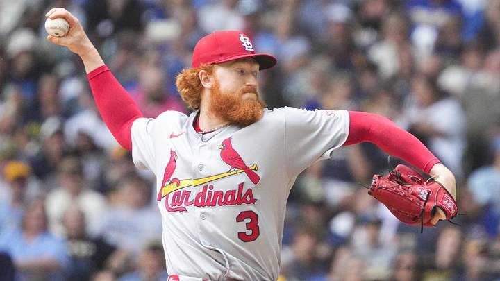 May 27, 2026; Milwaukee, Wisconsin, USA; St. Louis Cardinals pitcher Dustin May (3) delivers a pitch against the Milwaukee Brewers in the first inning at American Family Field. Mandatory Credit: Michael McLoone-Imagn Images