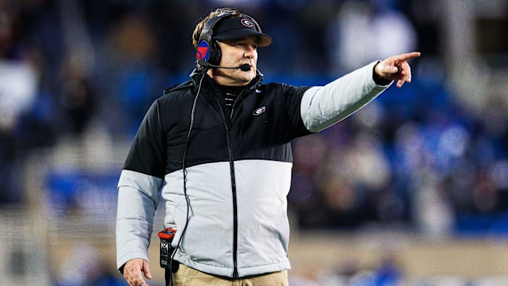 Nov 19, 2022; Lexington, Kentucky, USA; Georgia Bulldogs head coach Kirby Smart points during the game against the Kentucky Wildcats at Kroger Field. Mandatory Credit: Jordan Prather-Imagn Images