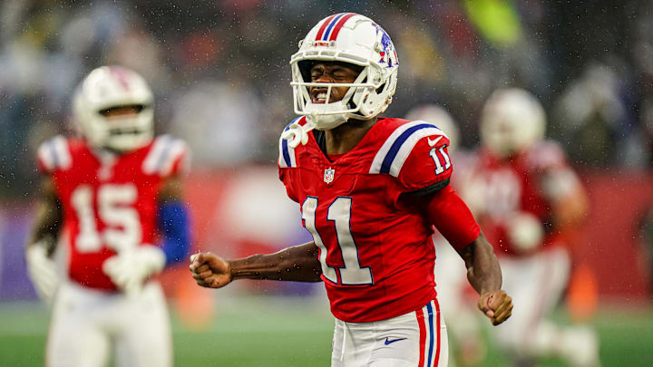 Dec 3, 2023; Foxborough, Massachusetts, USA; New England Patriots wide receiver Tyquan Thornton (11) reacts after running the ball against the Los Angeles Chargers in the second half at Gillette Stadium. Mandatory Credit: David Butler II-Imagn Images Dec 3, 2023; Foxborough, Massachusetts, USA; New England Patriots wide receiver Tyquan Thornton (11) reacts after running the ball against the Los Angeles Chargers in the second half at Gillette Stadium. Mandatory Credit: David Butler II-Imagn Images
