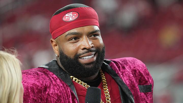 Oct 19, 2025; Santa Clara, California, USA; San Francisco 49ers offensive tackle Trent Williams (71) is interviewed after defeating the Atlanta Falcons at Levi's Stadium. Mandatory Credit: Darren Yamashita-Imagn Images