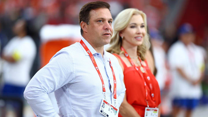 Aug 9, 2025; Glendale, Arizona, USA; Kansas City Chiefs general manager Brett Veach against the Arizona Cardinals during a preseason NFL game at State Farm Stadium. Mandatory Credit: Mark J. Rebilas-Imagn Images
