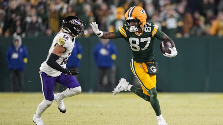 Dec 27, 2025; Green Bay, Wisconsin, USA; Green Bay Packers wide receiver Romeo Doubs (87) during the game against the Baltimore Ravens at Lambeau Field. Mandatory Credit: Jeff Hanisch-Imagn Images Dec 27, 2025; Green Bay, Wisconsin, USA; Green Bay Packers wide receiver Romeo Doubs (87) during the game against the Baltimore Ravens at Lambeau Field. Mandatory Credit: Jeff Hanisch-Imagn Images