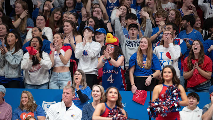 Kansas Jayhawks fans react to a play during the first half of the game against Texas A&M-Corpus Christi Islanders inside Allen Fieldhouse on Nov. 11, 2025.