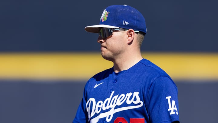 Feb 22, 2026; Peoria, Arizona, USA; Los Angeles Dodgers first baseman Ryan Ward against the San Diego Padres during a spring training game at Peoria Sports Complex. Mandatory Credit: Mark J. Rebilas-Imagn Images