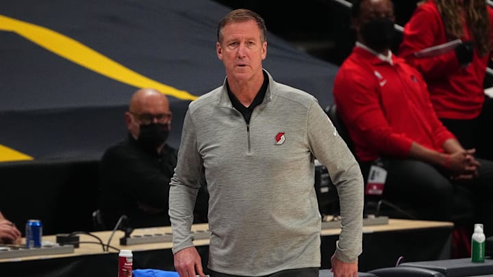 Jun 1, 2021; Denver, Colorado, USA; Portland Trail Blazers head coach Terry Stotts during the first quarter against the Denver Nuggets during game five in the first round of the 2021 NBA Playoffs. at Ball Arena. Mandatory Credit: Ron Chenoy-USA TODAY Sports
