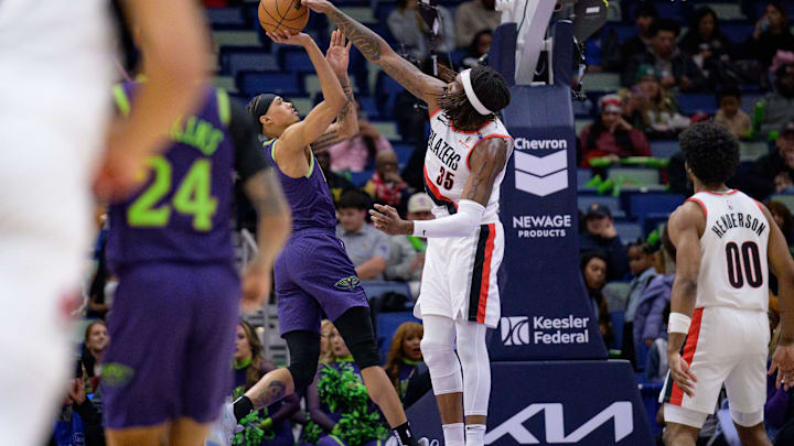 Jan 8, 2025; New Orleans, Louisiana, USA; Portland Trail Blazers center Robert Williams III (35) blocks a shot by New Orleans Pelicans guard Brandon Boston (11) during the second half at Smoothie King Center. Mandatory Credit: Matthew Hinton-Imagn Images
