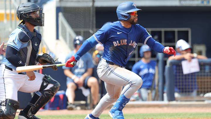 Toronto Blue Jays outfielder Steward Berroa (37) hits a RBI single during the sixth inning against the Tampa Bay Rays.
