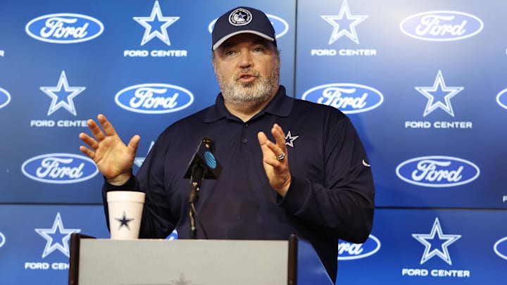 Jun 4, 2024; Frisco, TX, USA;  Dallas Cowboys head coach Mike McCarthy addresses the media before practice at the Ford Center at the Star Training Facility in Frisco, Texas.