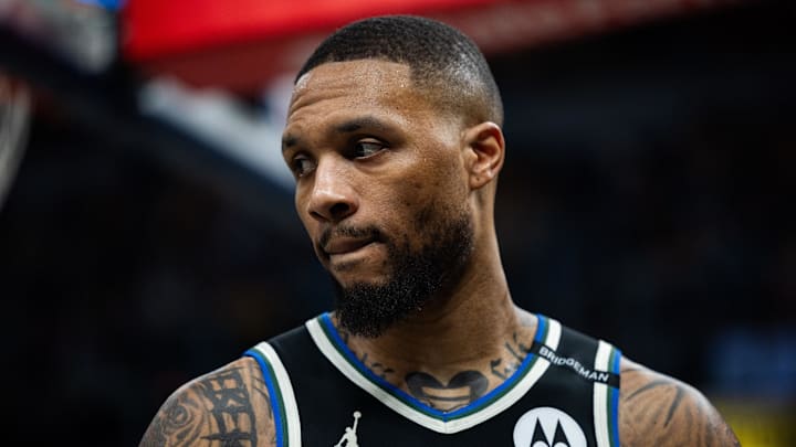 Apr 22, 2025; Indianapolis, Indiana, USA; Milwaukee Bucks guard Damian Lillard (0) during game two of first round for the 2024 NBA Playoffs against the Indiana Pacers at Gainbridge Fieldhouse. Mandatory Credit: Trevor Ruszkowski-Imagn Images