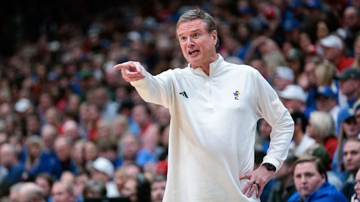 Feb 10, 2024; Lawrence, Kansas, USA; Kansas Jayhawks coach Bill Self on the side line during the first half against the Baylor Bears at Allen Fieldhouse. Mandatory Credit: William Purnell-Imagn Images