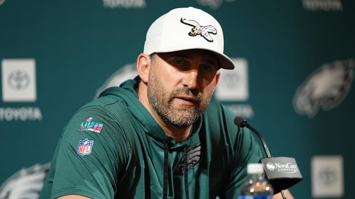 Philadelphia Eagles head coach Nick Sirianni addresses media during a press conference at NovaCare Complex.
