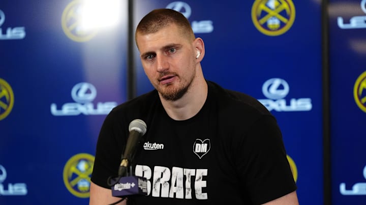 Mar 12, 2025; Denver, Colorado, USA; Denver Nuggets center Nikola Jokic (15) speaks to the media following the loss to the Minnesota Timberwolves at Ball Arena. Mandatory Credit: Ron Chenoy-Imagn Images