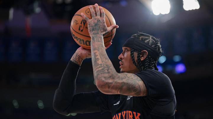 Apr 10, 2026; New York, New York, USA; New York Knicks guard Jordan Clarkson (00) shoots the ball against the Toronto Raptors during the second half at Madison Square Garden. Mandatory Credit: Vincent Carchietta-Imagn Images 
