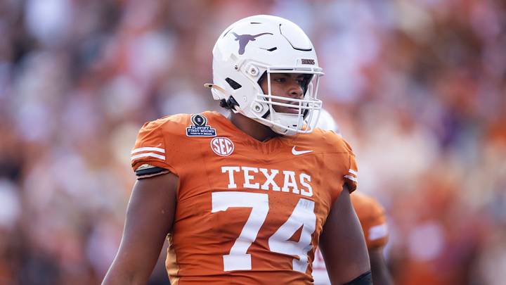 Dec 21, 2024; Austin, Texas, USA; Texas Longhorns offensive lineman Trevor Goosby (74) against the Clemson Tigers during the CFP National playoff first round at Darrell K Royal-Texas Memorial Stadium. Mandatory Credit: Mark J. Rebilas-Imagn Images Dec 21, 2024; Austin, Texas, USA; Texas Longhorns offensive lineman Trevor Goosby (74) against the Clemson Tigers during the CFP National playoff first round at Darrell K Royal-Texas Memorial Stadium. Mandatory Credit: Mark J. Rebilas-Imagn Images