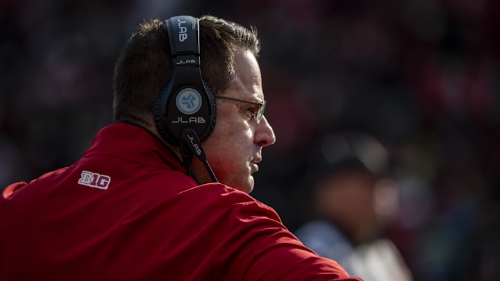 Nov 1, 2025; College Park, Maryland, USA;  Indiana Hoosiers head coach Curt Cignetti looks onto the field during the first quarter against the Maryland Terrapins at SECU Stadium. Mandatory Credit: Tommy Gilligan-Imagn Images