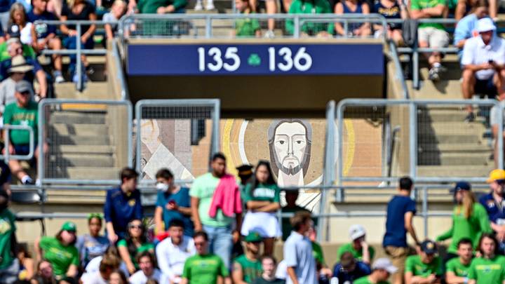 Sep 16, 2023; South Bend, Indiana, USA; The Word of Life Mural, commonly known as Touchdown Jesus, is seen in an entryway to Notre Dame Stadium during the game between the Notre Dame Fighting Irish and the Central Michigan Chippewas Sep 16, 2023; South Bend, Indiana, USA; The Word of Life Mural, commonly known as Touchdown Jesus, is seen in an entryway to Notre Dame Stadium during the game between the Notre Dame Fighting Irish and the Central Michigan Chippewas