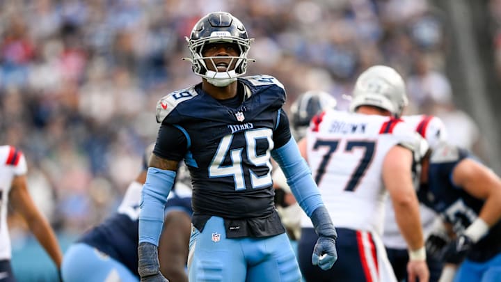 Nov 3, 2024; Nashville, Tennessee, USA;  Tennessee Titans linebacker Arden Key (49) celebrates the strip sack and fumble recovery against the New England Patriots during the second half at Nissan Stadium.