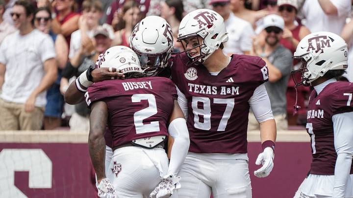 Sep 6, 2025; College Station, Texas, USA; Texas A&M Aggies wide receiver Terry Bussey (2) and Texas A&M Aggies tight end Nate Boerkircher (87) celebrate after a touchdown during the first quarter at Kyle Field. Mandatory Credit: Sean Thomas-Imagn Images Sep 6, 2025; College Station, Texas, USA; Texas A&M Aggies wide receiver Terry Bussey (2) and Texas A&M Aggies tight end Nate Boerkircher (87) celebrate after a touchdown during the first quarter at Kyle Field. Mandatory Credit: Sean Thomas-Imagn Images