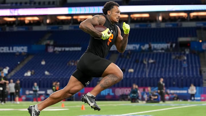 Feb 28, 2026; Indianapolis, IN, USA; Kentucky running back Seth McGowan (RB12) during the NFL Scouting Combine at Lucas Oil Stadium. Mandatory Credit: Kirby Lee-Imagn Images