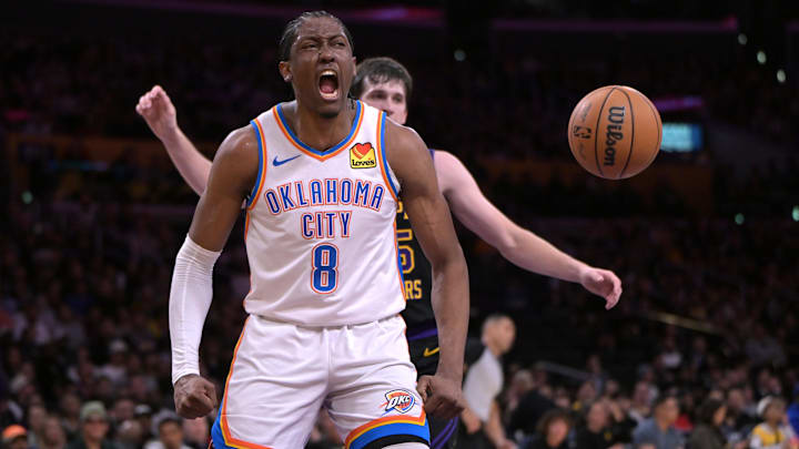 Jan 15, 2024; Los Angeles, California, USA; Oklahoma City Thunder forward Jalen Williams (8) reacts after a dunk in the second half against the Los Angeles Lakers at Crypto.com Arena. Mandatory Credit: Jayne Kamin-Oncea-Imagn Images