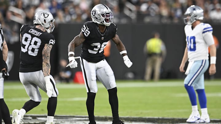 Aug 17, 2024; Paradise, Nevada, USA; Las Vegas Raiders cornerback Nate Hobbs (39) reacts to a play against the Dallas Cowboys in the first quarter at Allegiant Stadium. Mandatory Credit: Candice Ward-Imagn Images
