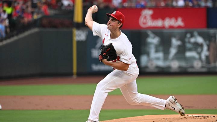 Jul 28, 2026; St. Louis, Missouri, USA; St. Louis Cardinals starting pitcher Michael McGreevy (36) pitches against the Chicago Cubs in the first inning at Busch Stadium. Mandatory Credit: Joe Puetz-Imagn Images