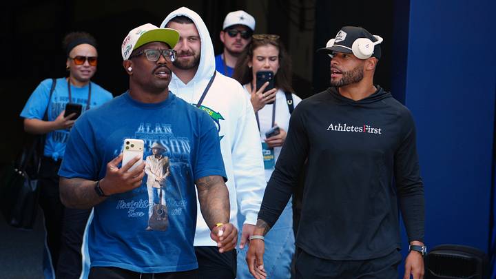 Dallas Cowboys linebacker Von Miller and quarterback Dak Prescott arrive at Maracana Stadium in Rio de Janeiro. Dallas Cowboys linebacker Von Miller and quarterback Dak Prescott arrive at Maracana Stadium in Rio de Janeiro.