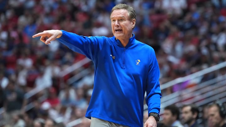 Mar 22, 2026; San Diego, CA, USA; Kansas Jayhawks head coach Bill Self reacts in the first half against the St. John's Red Storm during a second round game of the men's 2026 NCAA Tournament at Viejas Arena. Mandatory Credit: Kirby Lee-Imagn Images