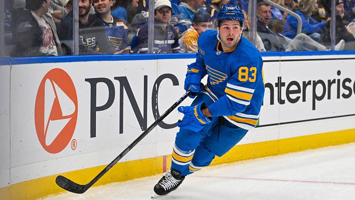 Oct 10, 2026; St. Louis, Missouri, USA; St. Louis Blues center Mason McTavish (83) controls the puck against the Columbus Blue Jackets during the second period at Enterprise Center. Mandatory Credit: Jeff Curry-Imagn Images