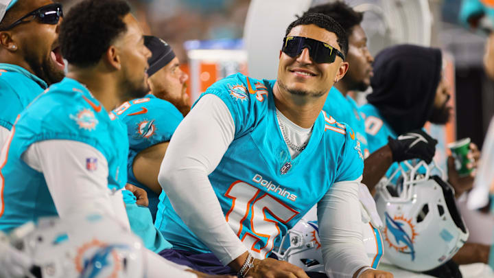 Miami Dolphins linebacker Jaelan Phillips looks on from the bench against the Washington Commanders. Miami Dolphins linebacker Jaelan Phillips looks on from the bench against the Washington Commanders.