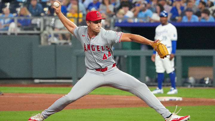 Aug 20, 2024; Kansas City, Missouri, USA; Los Angeles Angels pitcher Ben Joyce (44) delivers a pitch against the Kansas City Royals in the ninth inning at Kauffman Stadium. Mandatory Credit: Denny Medley-Imagn Images