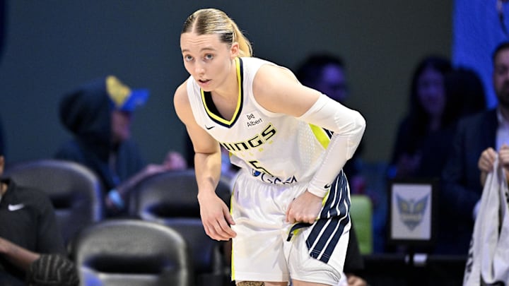 Sep 11, 2025; Arlington, Texas, USA; Dallas Wings guard Paige Bueckers (5) looks on during the second half against the Phoenix Mercury at College Park Center. Mandatory Credit: Jerome Miron-Imagn Images