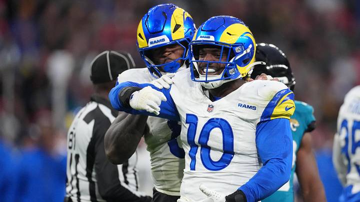 Oct 19, 2025; London, United Kingdom; Los Angeles Rams linebacker Josaiah Stewart (10) and linebacker Jared Verse (8) reacts after a play against the Jacksonville Jaguars during the second half of an NFL International Series game at Wembley Stadium. Mandatory Credit: Kirby Lee-Imagn Images Oct 19, 2025; London, United Kingdom; Los Angeles Rams linebacker Josaiah Stewart (10) and linebacker Jared Verse (8) reacts after a play against the Jacksonville Jaguars during the second half of an NFL International Series game at Wembley Stadium. Mandatory Credit: Kirby Lee-Imagn Images