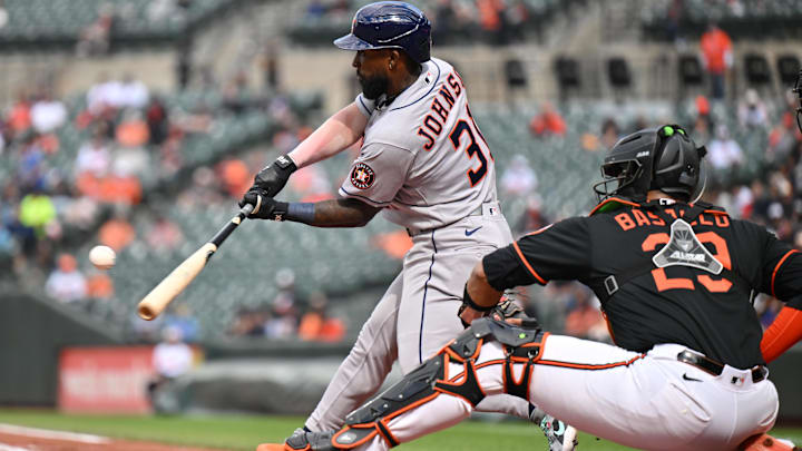 Apr 30, 2026: Houston Astros outfield Daniel Johnson (31) hits a single in the first inning against the Baltimore Orioles at Oriole Park at Camden Yards. 
