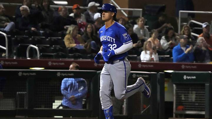 Mar 19, 2024; Scottsdale, Arizona, USA; Kansas City Royals first baseman Nick Pratto (32) hits a home run against the San Francisco Giants in the second inning at Scottsdale Stadium. Mandatory Credit: Rick Scuteri-Imagn Images Mar 19, 2024; Scottsdale, Arizona, USA; Kansas City Royals first baseman Nick Pratto (32) hits a home run against the San Francisco Giants in the second inning at Scottsdale Stadium. Mandatory Credit: Rick Scuteri-Imagn Images