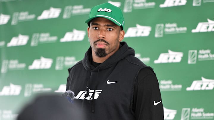 Jul 25, 2024; Florham Park, NJ, USA; New York Jets safety Chuck Clark (36) speaks to the media after training camp at Atlantic Health Jets Training Center. 