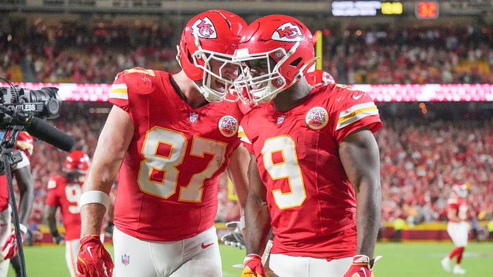 Sep 14, 2026; Kansas City, Missouri, USA; Kansas City Chiefs running back Kenneth Walker III (9) celebrates with tight end Travis Kelce (87) after scoring a touchdown against the Denver Broncos during the game at GEHA Field at Arrowhead Stadium. Mandatory Credit: Denny Medley-Imagn Images Sep 14, 2026; Kansas City, Missouri, USA; Kansas City Chiefs running back Kenneth Walker III (9) celebrates with tight end Travis Kelce (87) after scoring a touchdown against the Denver Broncos during the game at GEHA Field at Arrowhead Stadium. Mandatory Credit: Denny Medley-Imagn Images