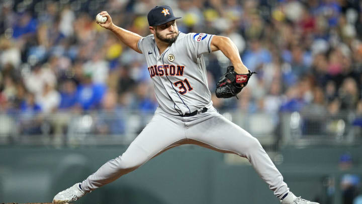 Sep 15, 2023; Kansas City, Missouri, USA; Houston Astros relief pitcher Kendall Graveman (31) pitches. Sep 15, 2023; Kansas City, Missouri, USA; Houston Astros relief pitcher Kendall Graveman (31) pitches.