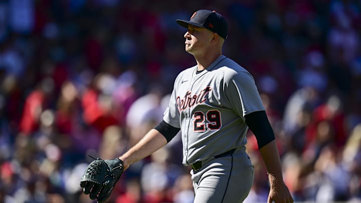 Sep 30, 2025; Cleveland, Ohio, USA; Detroit Tigers pitcher Tarik Skubal (29) reacts after a fly out by Cleveland Guardians outfielder Steven Kwan (not pictured) in the third inning during game one of the Wildcard round for the 2025 MLB playoffs at Progressive Field. Mandatory Credit: David Dermer-Imagn Images
