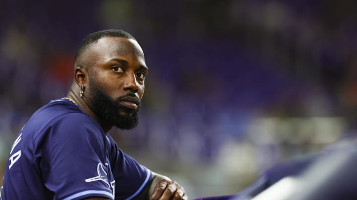 Jun 5, 2024; Miami, Florida, USA; Tampa Bay Rays left fielder Randy Arozarena (56) looks on against the Miami Marlins during the ninth inning at loanDepot Park.