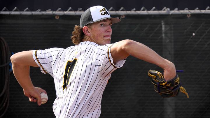 Saguaro pitcher Cam Caminiti pitches during warm-ups before a game against Deer Valley at Saguaro High School in Scottsdale on March 6, 2024. Saguaro pitcher Cam Caminiti pitches during warm-ups before a game against Deer Valley at Saguaro High School in Scottsdale on March 6, 2024.