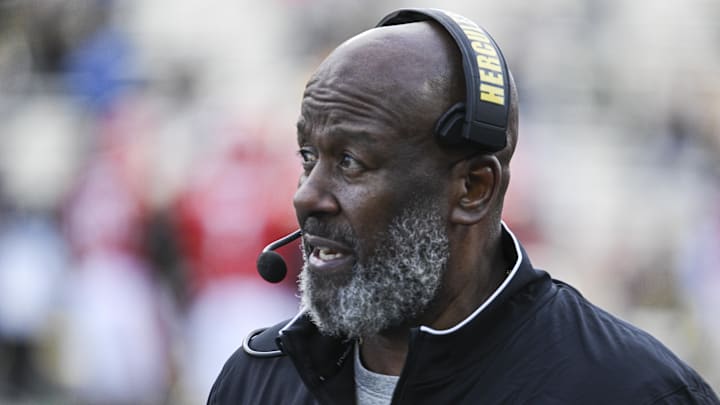 Nov 23, 2024; College Park, Maryland, USA;  Maryland Terrapins head coach Mike Locksley walks down the sidelines during the second  half against the Iowa Hawkeyes at SECU Stadium. Mandatory Credit: Tommy Gilligan-Imagn Images