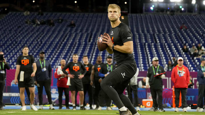 Louisville quarterback Tyler Shough during the 2025 NFL Combine at Lucas Oil Stadium. 