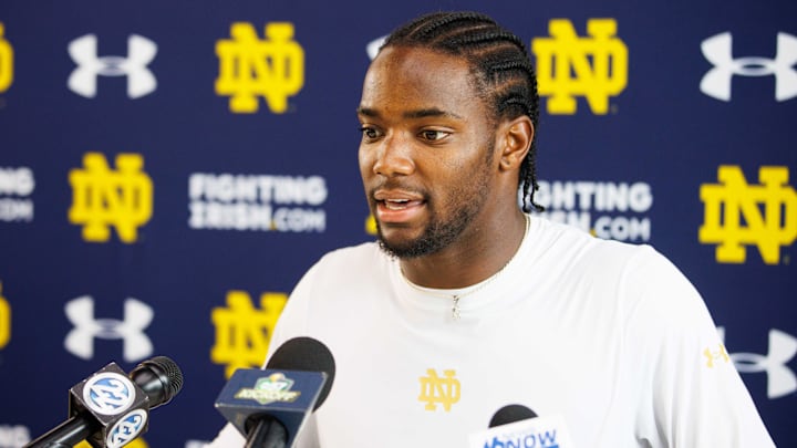 Notre Dame corner back Benjamin Morrison addresses media after a Notre Dame football practice at Irish Athletic Center on Thursday, Aug. 15, 2024, in South Bend.