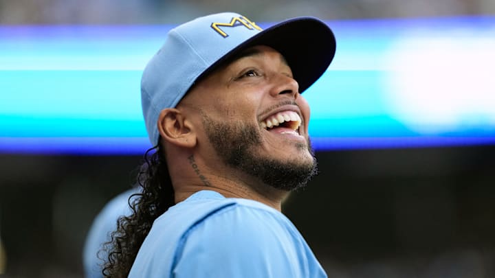 Jun 27, 2025; Milwaukee, Wisconsin, USA; Milwaukee Brewers pitcher Freddy Peralta (51) enjoys a moment during the first inning against the Colorado Rockies at American Family Field. Mandatory Credit: Jeff Hanisch-Imagn Images Jun 27, 2025; Milwaukee, Wisconsin, USA; Milwaukee Brewers pitcher Freddy Peralta (51) enjoys a moment during the first inning against the Colorado Rockies at American Family Field. Mandatory Credit: Jeff Hanisch-Imagn Images