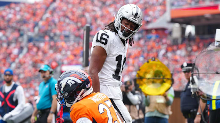 Sep 10, 2023; Denver, Colorado, USA; Las Vegas Raiders wide receiver Jakobi Meyers (16) reacts